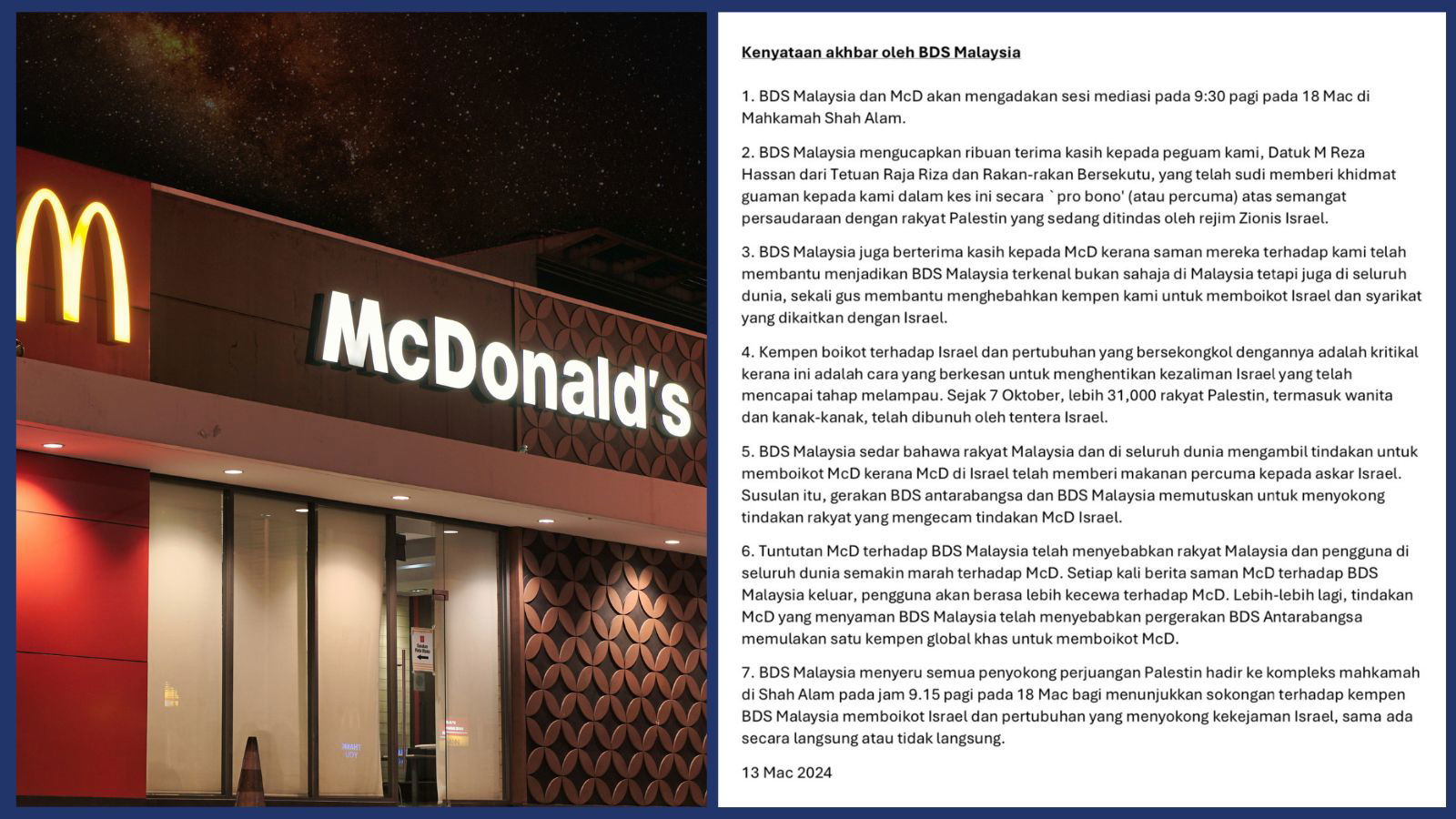 BDS Malaysia thanks McDonald's Malaysia for suing them