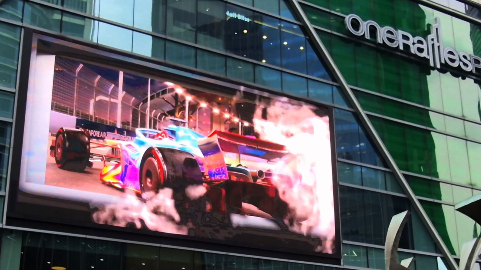 Formula 1 race cars and fireworks burst through CBD screens in dynamic 3D ad